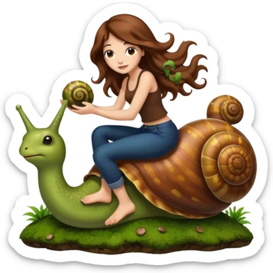 cute woman long wavy brown hair tattoos riding moss snail sticker