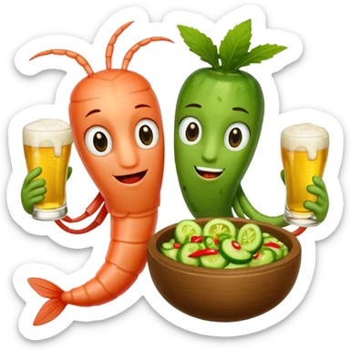 Create a modern emoji-style illustration of two shrimp characters, friendly and cool, slightly cartoon but stylish, not childish.
They are toasting (‘salud’), one shrimp holding a beer mug with aguachile topping, the other holding a fresh aguachile bowl with cucumber and chili.
  sticker