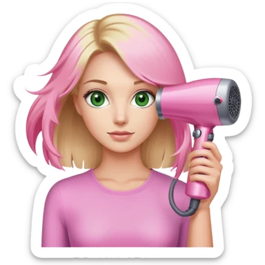 blonde woman with green eyes holding a pink Dyson hair dryer sticker