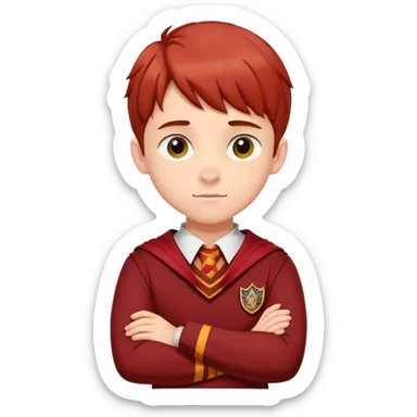 A teenage boy slightly to the side looking forward with crossed arms wearing the Gryffindor uniform sticker