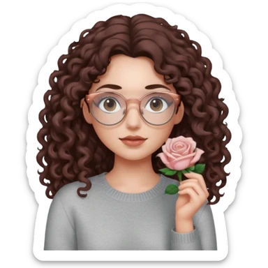 aesthetic white girl with dark brown, long curly hair and black eyes  , light grey sweater top and rose gold glasses sticker