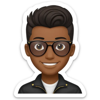 14 year old Mexican with a black pompadour with the left side of his hair a little bit on the face grinning with sunglasses sticker