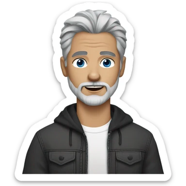 Handsome man, with blue eyes, grey hair, and grey goatee beard, and holding a long haired black chihuahua sticker