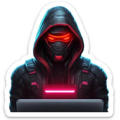 developer behind his laptop with this style : crysis Cyberpunk Valorant neon glowing bright red character dark red black hooded assassin themed character sticker