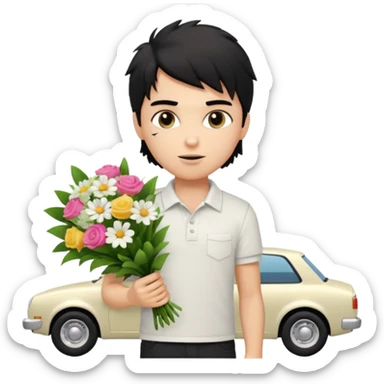 generate a pretty fair bratz boy with a messy mullet (black hair), wearing a white polo.  carrying a bouquet made of money. expensive car behind him sticker
