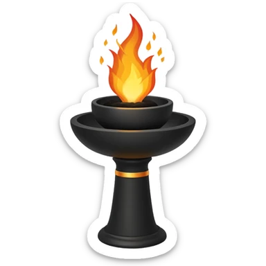 A minimalist stone pedestal with a tall rectangular base and a shallow black bowl on top, designed as a modern torch or brazier. Bright flames rise from the bowl sticker