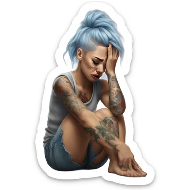 Hyper Realistic Beautiful tattooed woman crying sadly on the floor  sticker