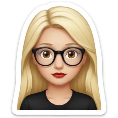 A blonde woman, long hair and long eye lashes,small nose, red blushe and highlighter, black glasses,brown eyes, white tshirt sticker