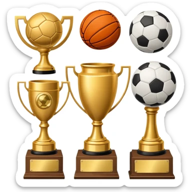 a basketball, soccer ball, volleyball, and a football all mixed with a trophy sticker