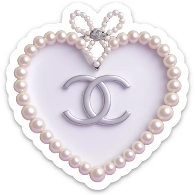 glossy white heart encircled by a string of pearls, with a silver Chanel logo overlay, elegant, black and white palette sticker