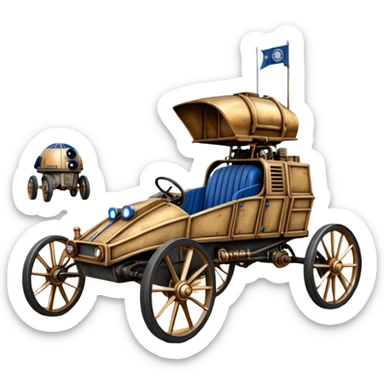 Old American West tarnished R2D2 C-3PO bounty hunter 1854 delicately ornate rosegold accents painted dune buggy buckboard wagon powered by electric motors and batteries with safety features and belts flying rapidly across rough dusty terrain stable on strong agile steampunk suspension and steering  sticker