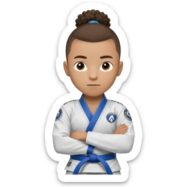 Mixed race boy BJJ instructor with pony tail afro hair and shaved bald sides haircut, Make the hair brown and the belt blue. Add the roger Gracie academy logo on the go also and the p logo of progress jiu jitsu on the right arm sleeve  at the top sticker