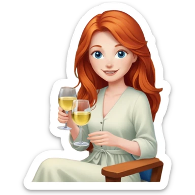 Happy redhead with long hair and blue eyes holding white wine sitting in chair beside fire outdoors sticker