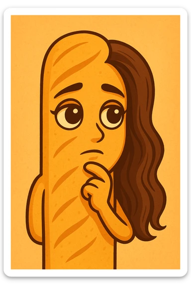 Create a cartoon style emoji in the shape of a breadstick with a thoughtful face, large deep eyes, closed mouth, delicate features, and long stylized hair inspired by the person in the reference photo. Use warm colors and a cartoon style. sticker