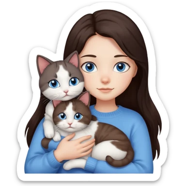 a girl with long dark 
brown hair, with blue eyes, in a
white sweater, hugs 3 different natural coloured cats sticker