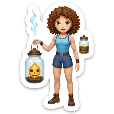 full body woman short curly brown mullet brown eyes white skin muscular build bug catcher spirit with glowing jar sticker