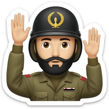 surrenders, depicts an Iraqi soldier from 1980, with a beard, in a helmet, a helmet "WITHOUT" insignia, with a balaclava, with sad eyes and both hands raised up sticker