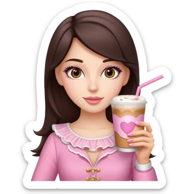 white brunette with brown eyes and a pink coquette outfit, drinking a caramel machiatto sticker