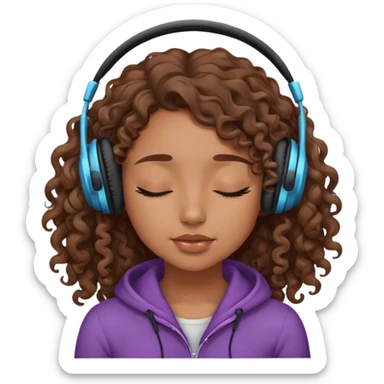Light brown skin girl, long curly brown flat hair, eyes closed, headphones on listing to music sticker