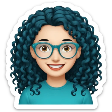 woman with long curly black hair, large forehead, brown eyes with teal blue glasses, white skin, smiling with teeth sticker