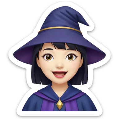 An Asian short-haired girl with short raven hair and bangs, with heterochromia eyed, eyeliner, and laughs with teeth and her tiny fang of mauve-toned lipstick, wears a dark navy wizard hat with an emblem on it. sticker