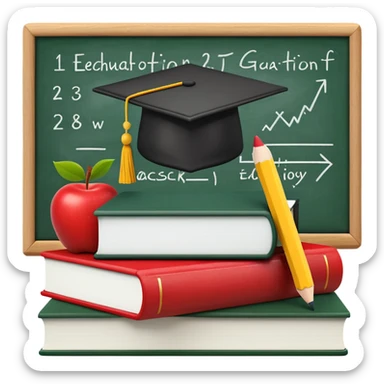 An icon featuring a chalkboard with educational equations, an apple, and a pencil, symbolizing pedagogy. The design includes a stack of books and a graduation cap, representing teaching and learning. Transparent background highlights the dedication to education and mentorship. sticker