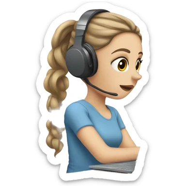 white girl at desk, brown hair, ponytail, blue eyes, computer, headphones sticker