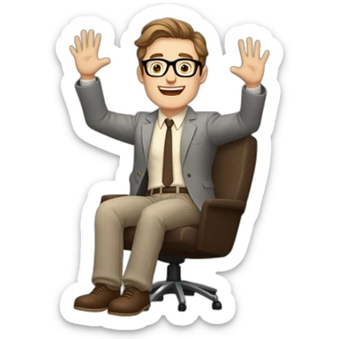 Joyful Celebrating victory Hands up Pale skinned Fit Man With dark brown hair in gray jacket, beige office shirt, Brown pants and vintage glasses sitting In a soft chair sticker