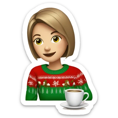 Light brown short haired girl with green eyes drinking coffee wearing red Christmas sweater sticker