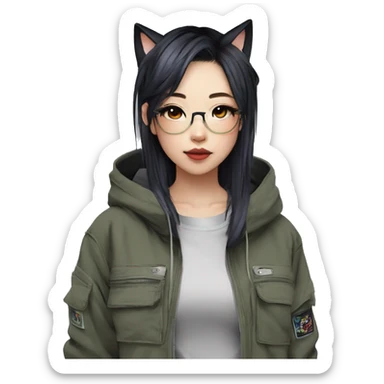 Edgy cool shy colorful Asian urban beautiful pretty anime punk tomboy-lady with cat ears techwear cargo pants hoodie collar  sticker