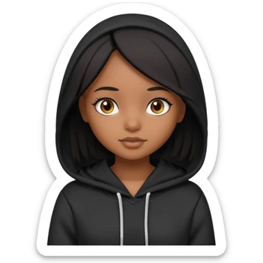  Brown skin girl , who has staight medium length black hair without bangs , brown eyes , and doll like makeup , in a black hoodie. sticker