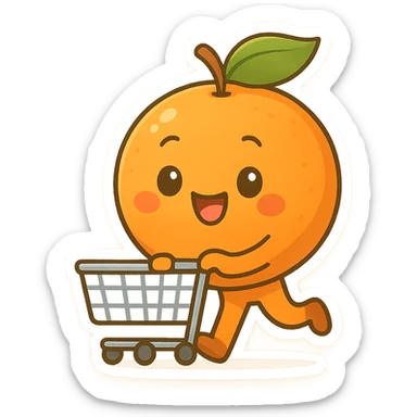 a smiling orange fruit walking with a shopping cart, friendly and bright sticker