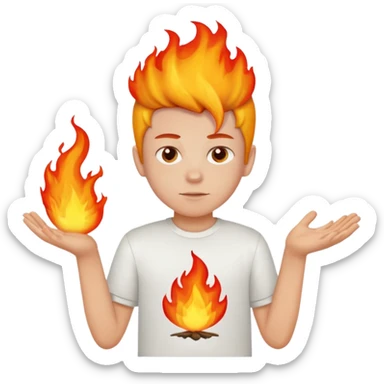 A boy with no hands fire instead made out of red fire and the boy is wearing a shirt that says FIRE C sticker