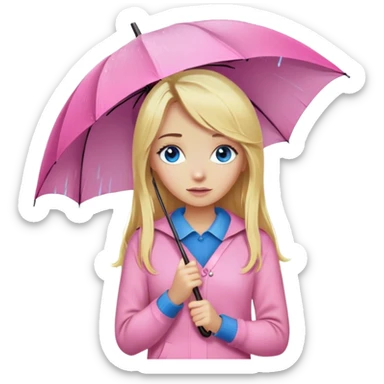 Cinematic realistic emojis in the form of a blonde girl with long hair and blue eyes, dressed in a pink sweater and jeans, holding an umbrella above her, on which rain is dripping sticker