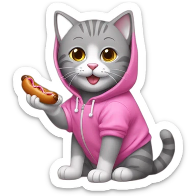 Cute gray stuffed cat eating a sausage. This cat has a pink hoodie sticker