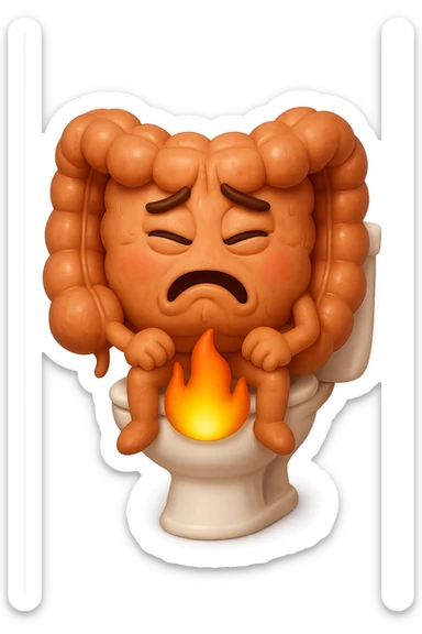 SU QUESTO STILE FAI UN EMOJI STILE IPHONE 3D DI UN INTESTINO CHE sta seduto sul wc e dal wc in mezzo alle sue gambe esce una fiamma stile emoji iphone, FAGLI UN ESPRESSIONE di dolore mentre si sforza E FALLO MOLTO REALISTICO IN 3D sticker