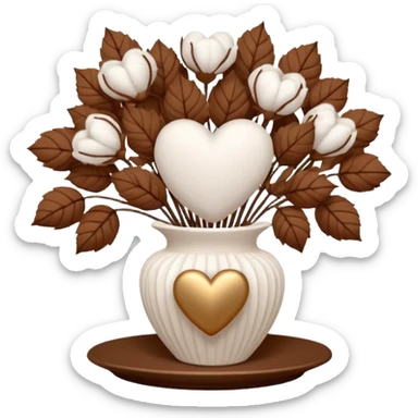 a bouquet of cotton flowers with brown dried petals, in a white ribbed vase on a white tray. next to it is a figurine in the form of a white heart, with a soft glow sticker