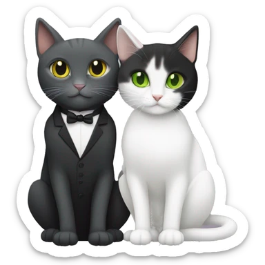 grey and white tuxedo cat with green eyes, cuddling with an all black cat with yellow eyes sticker