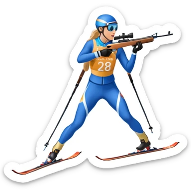 An icon showing a biathlete skiing on a snow-covered Olympic track with a rifle on their back. Cheering fans fill the stands. Majestic mountains, snowy trees, and a bright blue sky complete the scenic winter landscape. Transparent background captures the spirit of biathlon. sticker