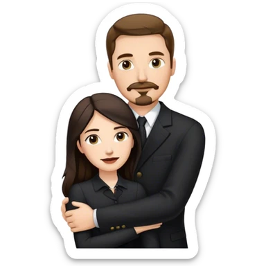couple portrait, tall white man with brown hair goatee mustache embracing a pale woman with long black hair, wearing formal clothing sticker