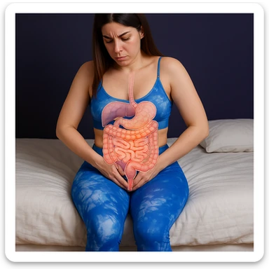 A slender woman in 4K sitting on the edge of the bed, hands pressing on the lower abdomen, with a transparent overlay anatomical illustration of the intestine and pelvic floor, highlighting problematic areas, inspired by the reference photo. sticker