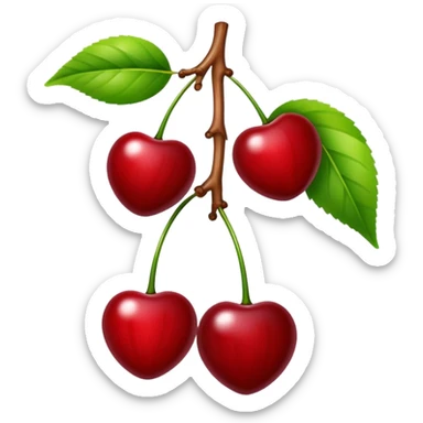 Two glossy red cherries hanging from a wooden branch with green leaves sticker