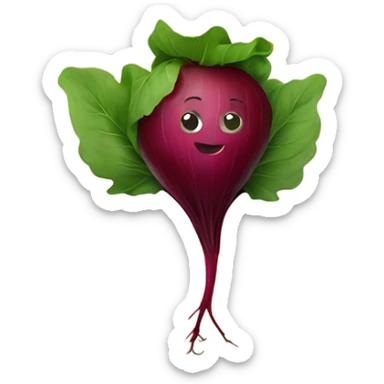 miling beetroot with big expressive eyes, rosy cheeks, and a green leaf on top. Simple and bright design with a cheerful and cartoonish style. sticker