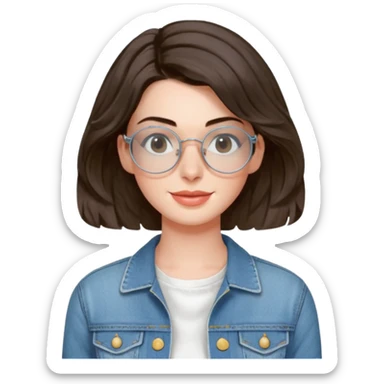 Anne Hathaway with wire-rimmed circle glasses and short wavy hair, wearing scoop neck white dress and a denim jacket sticker