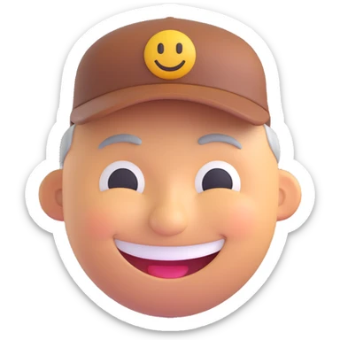 3D smiley emoji, round shape, grandfather with cap, brown color, smiling face sticker