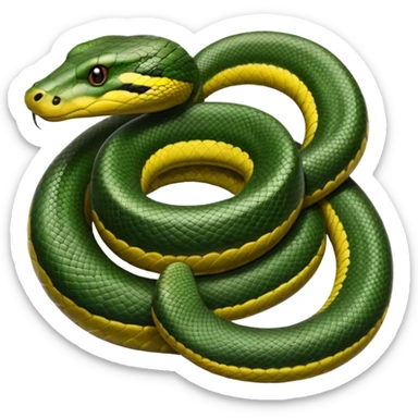 A photo-realistic top-down view of a Green Anaconda tightly coiled in a spiral, with its broad, flat head resting at the center. Its olive-green body is thick and muscular, patterned with symmetrical, bold black oval spots that flow along its smooth, glossy scales. sticker