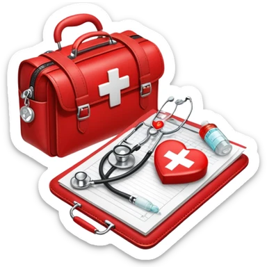 An icon featuring a medical bag with a red cross, a stethoscope, and a syringe, symbolizing medicine. The design includes pills, a heart monitor, and a clipboard with patient notes, representing healthcare, diagnostics, and treatment. Transparent background highlights the science of medicine. sticker