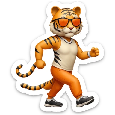 energetic anthropomorphised tiger in sports clothes, wearing dark sunglasses, walking upright sticker
