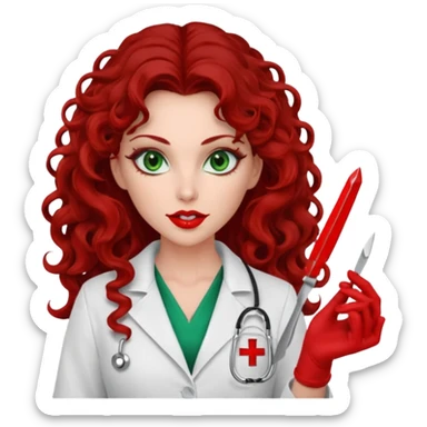 Lilith symbol sexy evil woman. She has green eyes.  had brown long curly hair.  evil surgeon kills with scalpel wears red sexy doctor coat with red mouth cover red gloves sticker