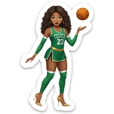 A 48-year-old black woman with brown eyes, long dark brown balayage hair dressed in sexy 
celtics jersey costume outfit and stilettos  sticker